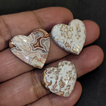 59.5Ct 3Pcs Natural Rosetta Jasper Heart Cabochons LOT. Size range approx. 21x21mm to 24x24mm